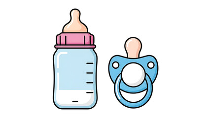 A baby bottle with milk and a blue pacifier, essential items for infant care.