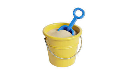 A Yellow Sand Bucket Filled With Sand And A Blue Plastic Shovel On A Clean White Background