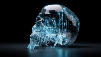 Futuristic transparent skull with glowing blue digital data streams