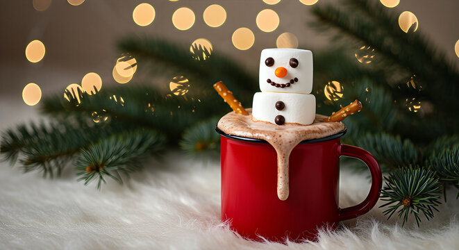 Festive Holiday Drink with Melting Marshmallow Snowman and decorative Christmas lights creating a cozy and inviting atmosphere.