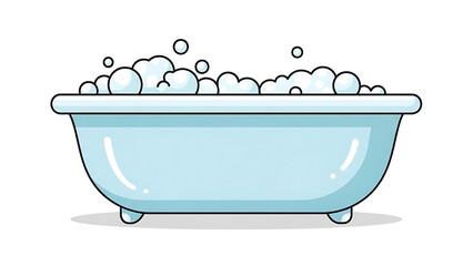 A light blue bathtub filled with white soap bubbles, depicted in a clean and simple cartoon illustration style, isolated on a white background.