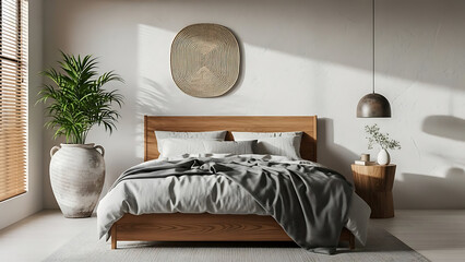 A sunlit Japandi-style bedroom with a minimalist wooden bed, natural light creating soft shadows, and simple, elegant decor for a tranquil ambiance