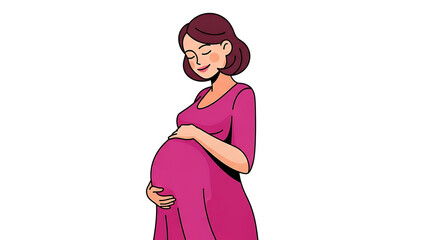 Illustration of a serene pregnant woman in a pink dress gently cradling her baby bump with a peaceful expression.