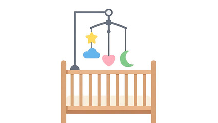 A cute illustration of a baby crib with a colorful mobile featuring a star, cloud, heart, and moon.