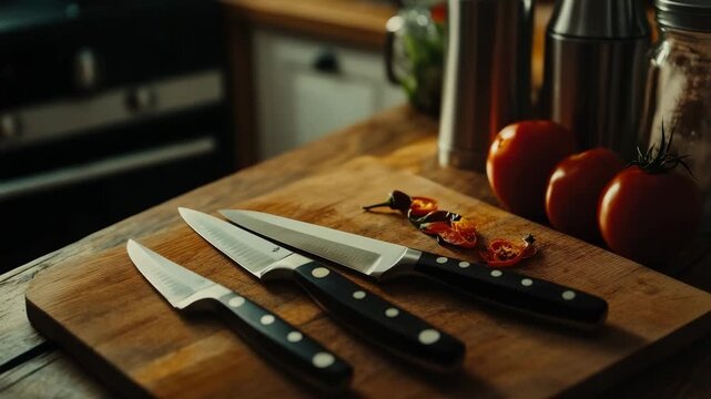 A variety of professional-grade kitchen knives on a wooden cutting board with freshly chopped vegetables, set against the backdrop of a domestic cooking environment.