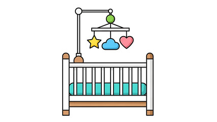 A simple illustration of a baby crib with a colorful mobile featuring a star, cloud, and heart.