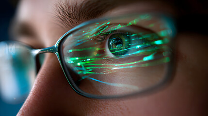 Vision of Technology: A close-up shot of an eye wearing glasses, capturing the reflection of digital data streams, highlighting the integration of technology and human vision.
