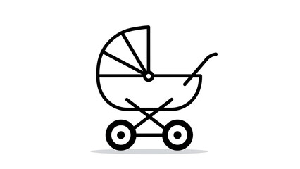 Simple black outline icon of a baby carriage or stroller with wheels and a canopy, casting a subtle shadow.