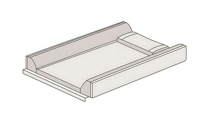 A detailed isometric drawing of a single, light-colored roof tile with raised edges and a curved end, designed for roofing applications.