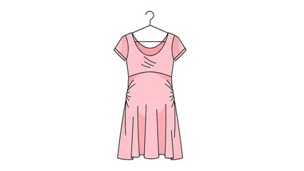 A simple line art illustration of a pink maternity dress with short sleeves hanging on a wire hanger against a white background.