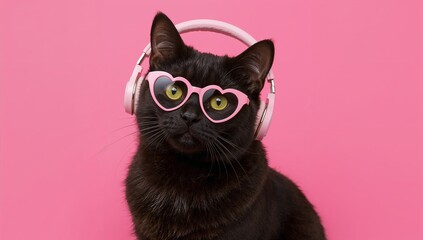 Stylish Black Cat Wearing Pink Heart-Shaped Sunglasses and Headphones Against a Vibrant Pink Background, Capturing a Playful and Trendy Pet Portrait