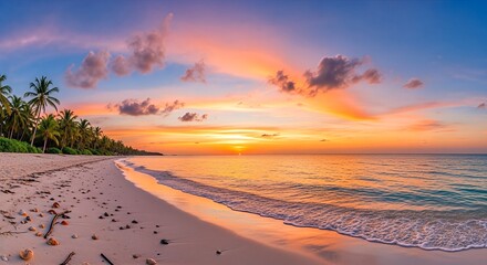 Panoramic view of a tropical beach at sunset with palm trees and vibrant sky, showcasing a tranquil and scenic coastal landscape.