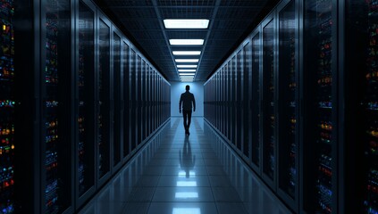 Silhouetted man walking in a data center server corridor