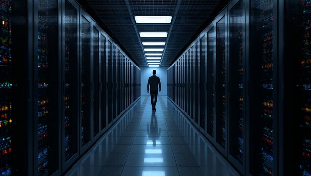 Silhouetted man walking in a data center server corridor