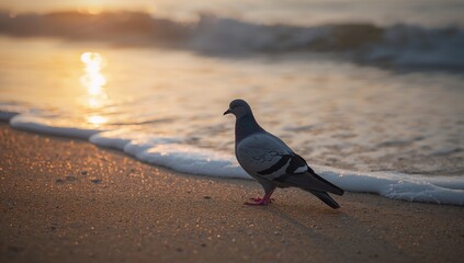 Pigeon standing on a sandy beach at golden hour sunset