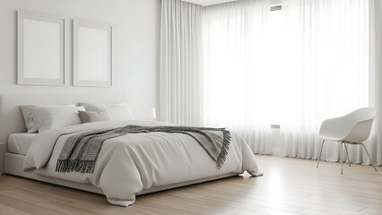 Sunlit minimalist bedroom interior with a serene white aesthetic and cozy details, featuring blank frames for mockup