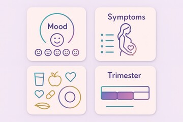Comprehensive visual representation of pregnancy tracking including mood indicators, symptoms checklist, nutrition essentials, and trimester phases presented in a clean, modern design