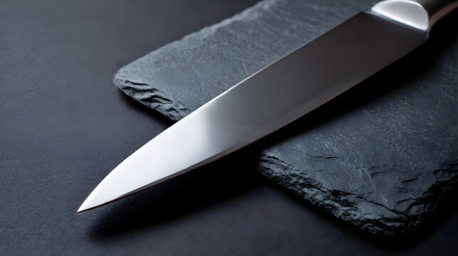 Sharp Knife on Stone: A gleaming chef knife rests gracefully on a dark, textured stone, its sharp edge and polished steel reflecting the studio lighting.