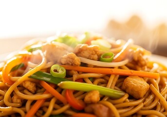 Delicious steaming noodles with chicken and fresh vegetables close up