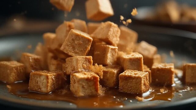 Close-up of cubed tofu being poured onto a pile on a plate with savory sauce, cinematic lighting, warm tones, food focus.