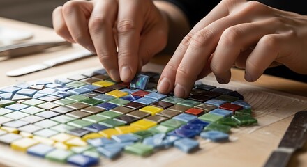 Fototapeta premium Artistic hands creating vibrant mosaic with colorful glass squares