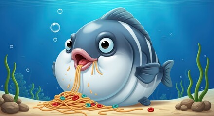 Underwater culinary adventure a chubby fish indulging in a hearty spaghetti meal