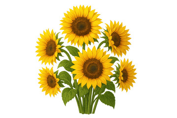 Obraz premium Sunflower bouquet with green leaves on transparent background symbolizing summer, nature, and harvest season