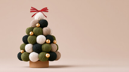 Decorative Christmas tree made of colorful yarn balls in green, white, and beige, topped with a red bow, showcasing a festive and cozy holiday atmosphere