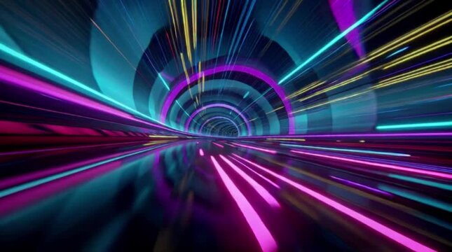 Fly through hyperdrive with vibrant neon lights in a tunnel of digital energy and futuristic motion graphics background