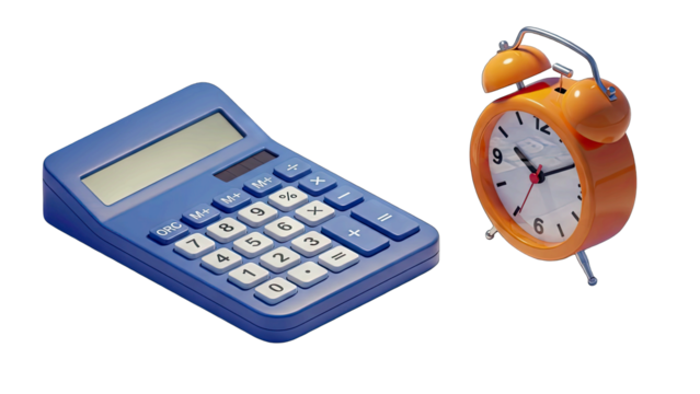 Blue Calculator and Orange Alarm Clock Isolated on Transparent White Background Representing Calculation and Time Management