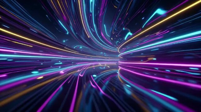 Fly through hyperdrive with vibrant neon lights in a tunnel of digital energy and futuristic motion graphics background