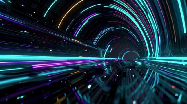 Fly through hyperdrive with vibrant neon lights in a tunnel of digital energy and futuristic motion graphics background