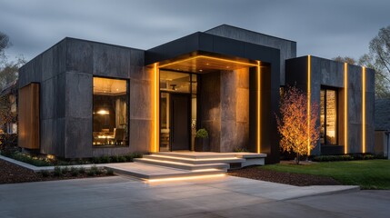 Fototapeta premium Modern Architectural Design of Stylish Home with Dramatic Lighting