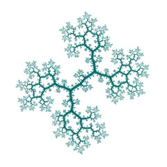 Teal-colored fractal design resembling a tree-like structure with intricate branches and snowflake patterns on a white background.