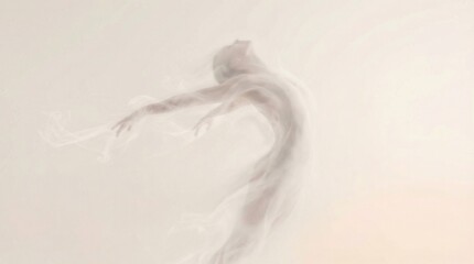 Fototapeta premium Woman dancing with flowing fabric on a light background. Graceful movement concept. Spiritual expression and abstract art for dancer.