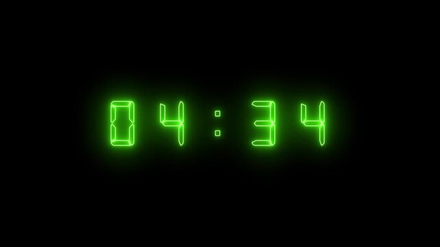 Green Neon Digital Clock Displaying 05:00 Against Black Background glowing