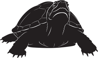 Silhouette illustration of a turtle with detailed shell and limb outlines, captured from a front-facing perspective looking up.