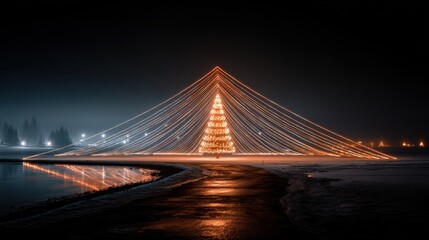Obraz premium Stunning Christmas Tree Lights Reflecting on Calm Water at Night