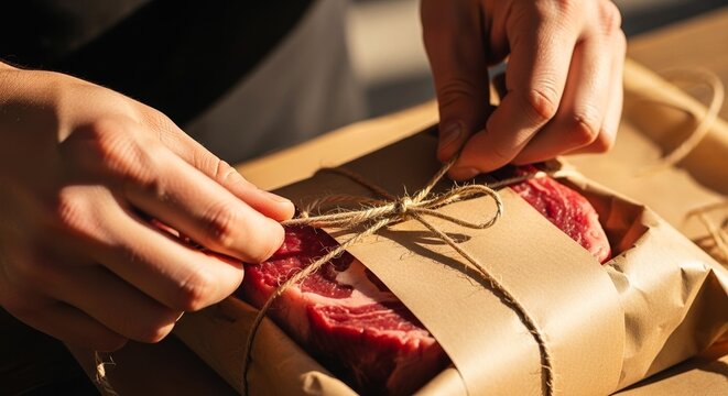 Person wrapping fresh meat in brown paper with twine . Farm meat store concept. copy space.