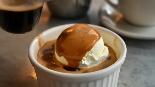 Close-up of a white ramekin filled with vanilla ice cream and espresso sauce being drizzled on top with a cup of coffee in background on a table.