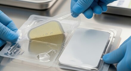 Sterile handling: Unveiling protected medication with gloved hands in a clean environment