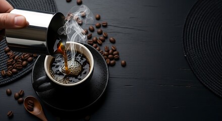 Pouring fresh aromatic coffee from stainless pitcher into cup on dark textured table ready for morning routine