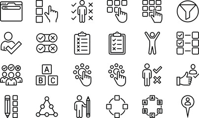 Decision making checklist selection workflow user choice management icons set with outline design for business interface process and productivity