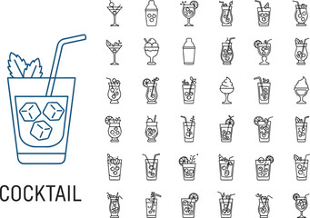 Cocktail drink icons collection featuring refreshing beverages, mixed drinks, summer cocktails, bar menu elements, ice cubes, garnishes, and stylish outline illustrations