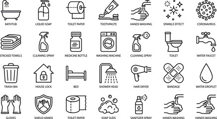 Clean hygiene and household essentials icon set featuring bathroom cleaning, washing, safety, sanitation, health care symbols, modern minimalist style