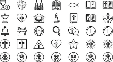 Christian faith icons collection featuring cross symbols, church elements, bible illustrations, worship signs, religious spirituality graphics, holy Christianity design set