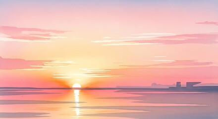 Serene watercolor sunset with pastel tones over the shimmering ocean