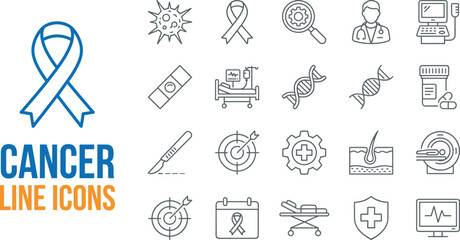 Cancer awareness medical line icons set, oncology treatment symbols, diagnostic healthcare illustration, ribbon support graphics, hospital equipment and disease prevention vector