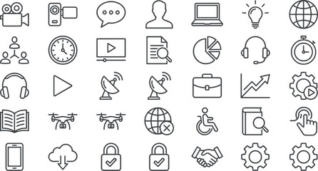 Business and technology line icons collection, digital communication symbols, productivity tools, analytics graphics, multimedia elements, global network illustrations for modern workflow design