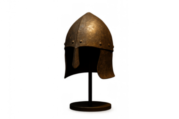 Medieval spangenhelm helmet on display, a piece of ancient warrior armor from historical times, showing battle protection